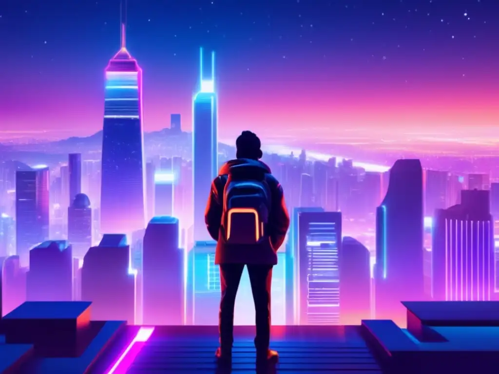 Futurista ciudad con rascacielos iluminados Criptomonedas: Futurista ciudad nocturna con rascacielos, luces neón, persona y gráficos de identificación para largo plazo