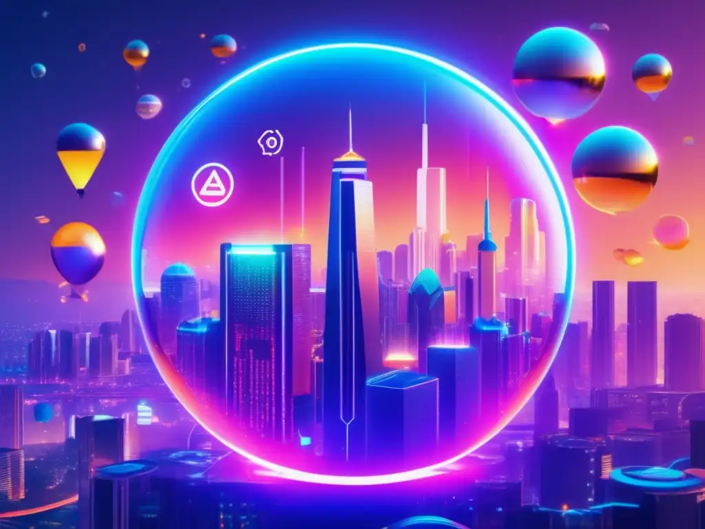 Futuro de las criptomonedas Criptomonedas: Futuro Dinero o Burbuja - Ciudad futurista de criptos, con rascacielos de símbolos y logos, reflejando sociedad tecnológica