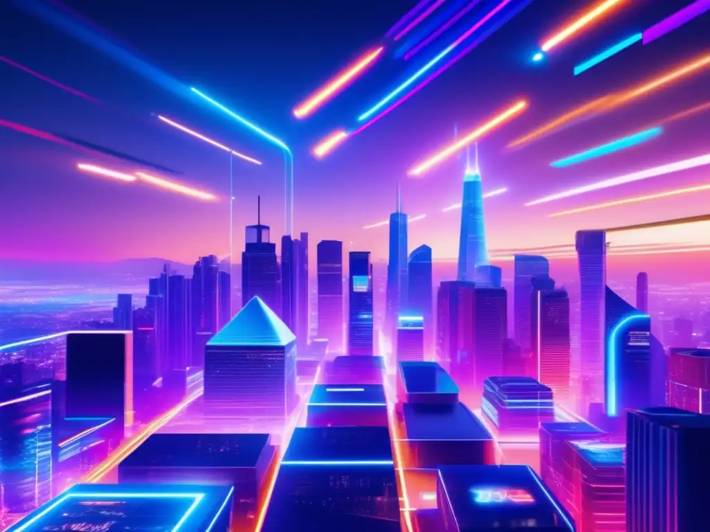 Futurista ciudad nocturna con rascacielos iluminados Criptomonedas revolucionando inversiones en futurista ciudad nocturna ultra detallada con rascacielos iluminados por luces neón vibrantes