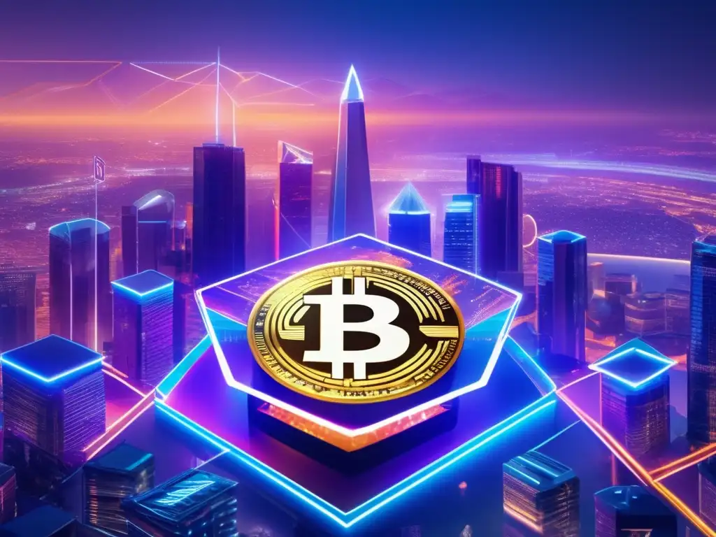 Revolución cripto y skyline futurista Criptomonedas revolucionando inversiones en paisaje digital futurista con rascacielos criptográficos, blockchain y abogados discutiendo regulaciones