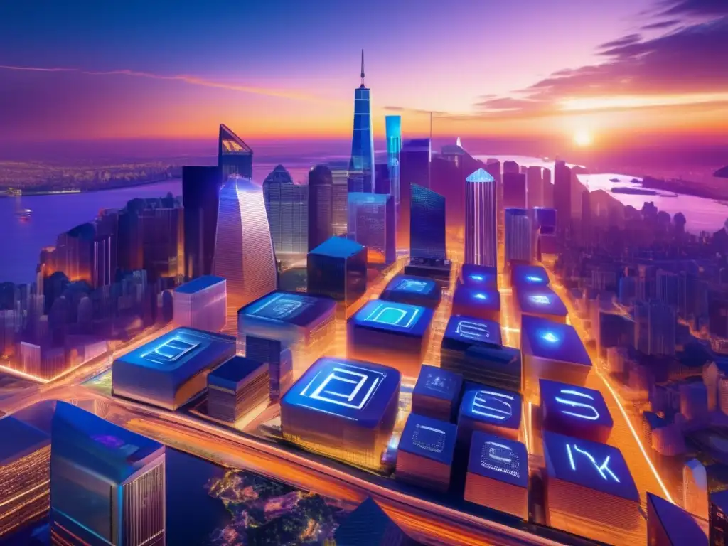 Ciudad criptográfica global Adopción de criptomonedas en países - Ciudad futurista con transacciones financieras y personas usando dispositivos móviles