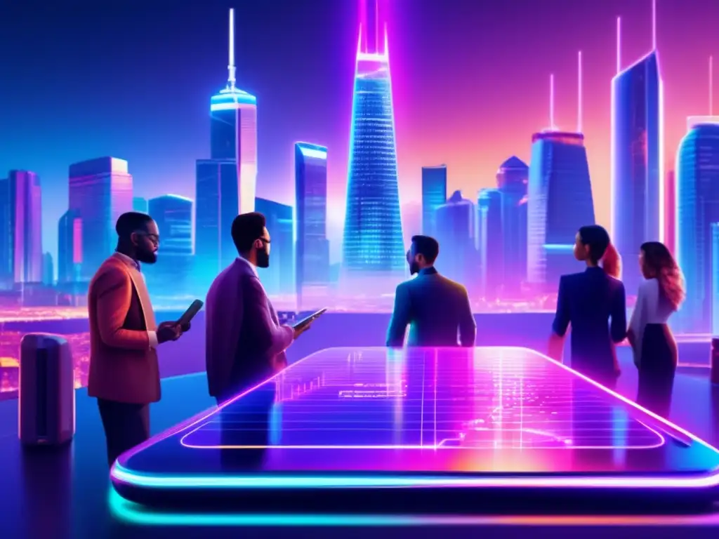 Metrópolis futurista con rascacielos y criptomonedas Adopción de criptomonedas en países: imagen futurista de ciudad con rascacielos, tecnología avanzada y transacciones de criptomonedas