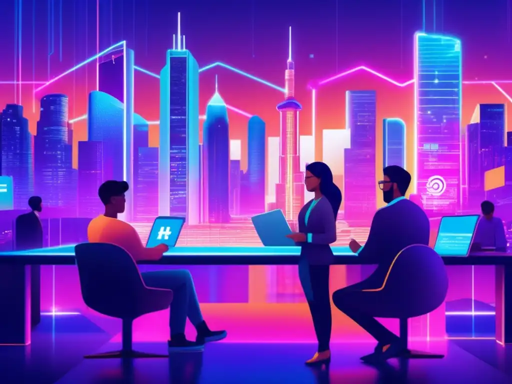 Futuro cripto y profesionales discutiendo Criptomonedas: Prueba de trabajo y desafíos en una ciudad futurista con rascacielos de símbolos de criptomonedas y profesionales discutiendo