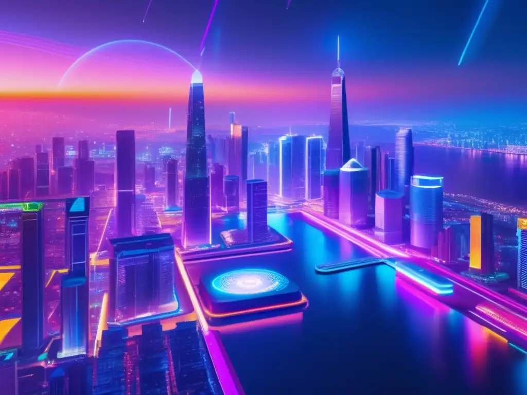 Ciudad futurista nocturna con criptomonedas Criptomonedas: riesgos y oportunidades en una ciudad futurista iluminada por luces de neón