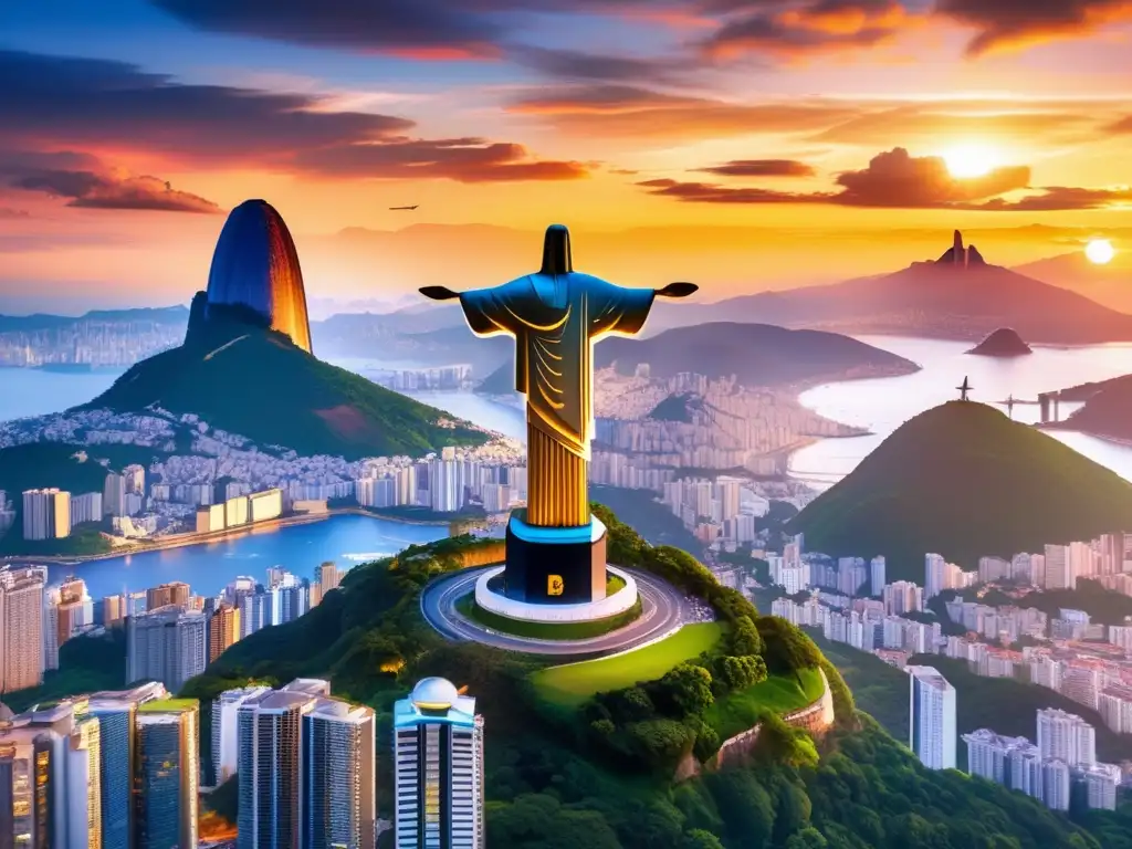 Ciudad de criptomonedas en Brasil Adopción de criptomonedas en Brasil, ciudad con Christ the Redeemer y skyline de rascacielos
