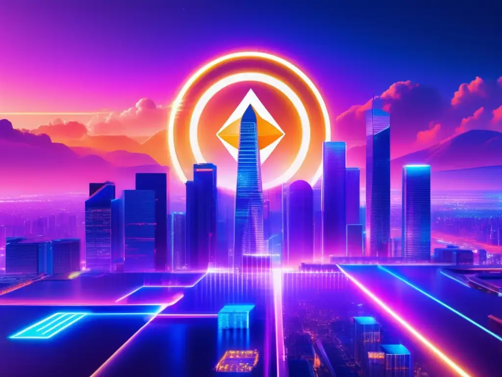 Futuro financiero: criptomonedas y tecnología Criptomonedas en tiempo de crisis: paisaje digital con rascacielos hacia un símbolo vibrante de criptomonedas en el cielo