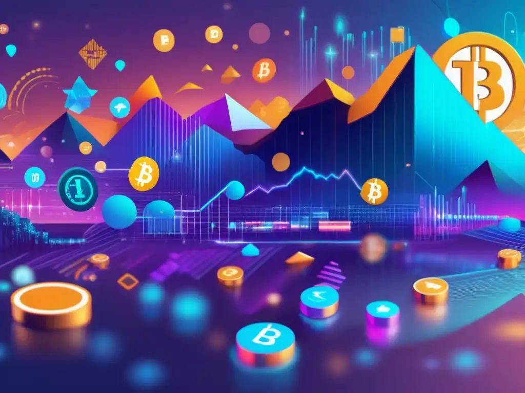 Paisaje digital criptográfico Criptomonedas volátiles con recompensas: paisaje digital futurista con múltiples capas de símbolos flotantes