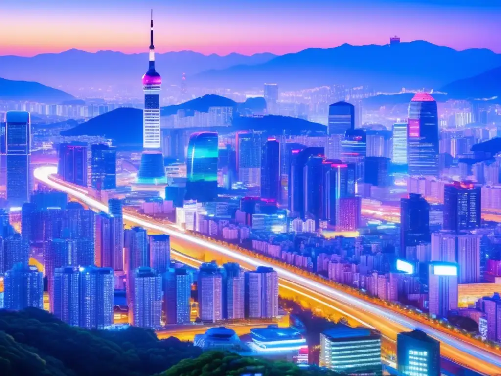Panorama nocturno de Seúl, Corea del Sur, con toque futurista Criptoregulación en Corea del Sur: Ciudad futurista de Seúl con rascacielos iluminados por luces neón