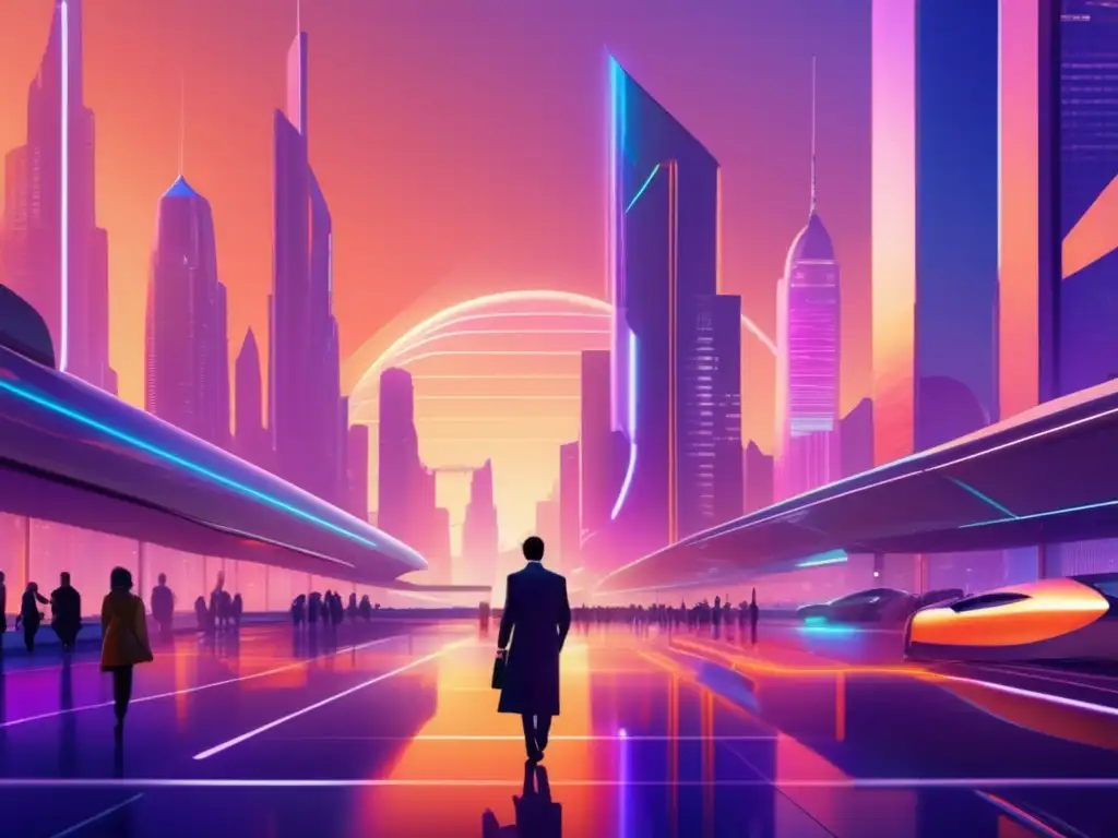 Ciudad futurista al atardecer con análisis financiero Predecir crisis financieras: herramientas y análisis en una ciudad futurista al atardecer