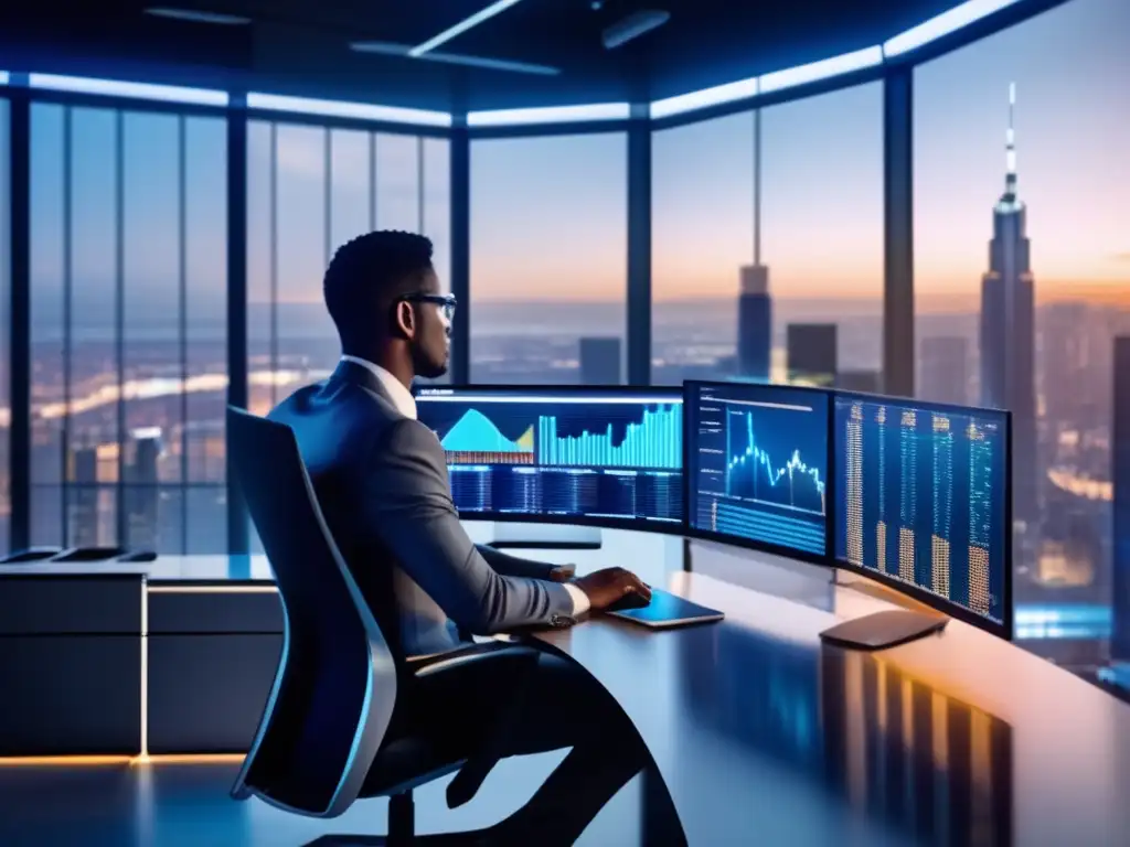 Oficina moderna con inversor analizando datos Predecir crisis financieras: herramientas y análisis en oficina moderna