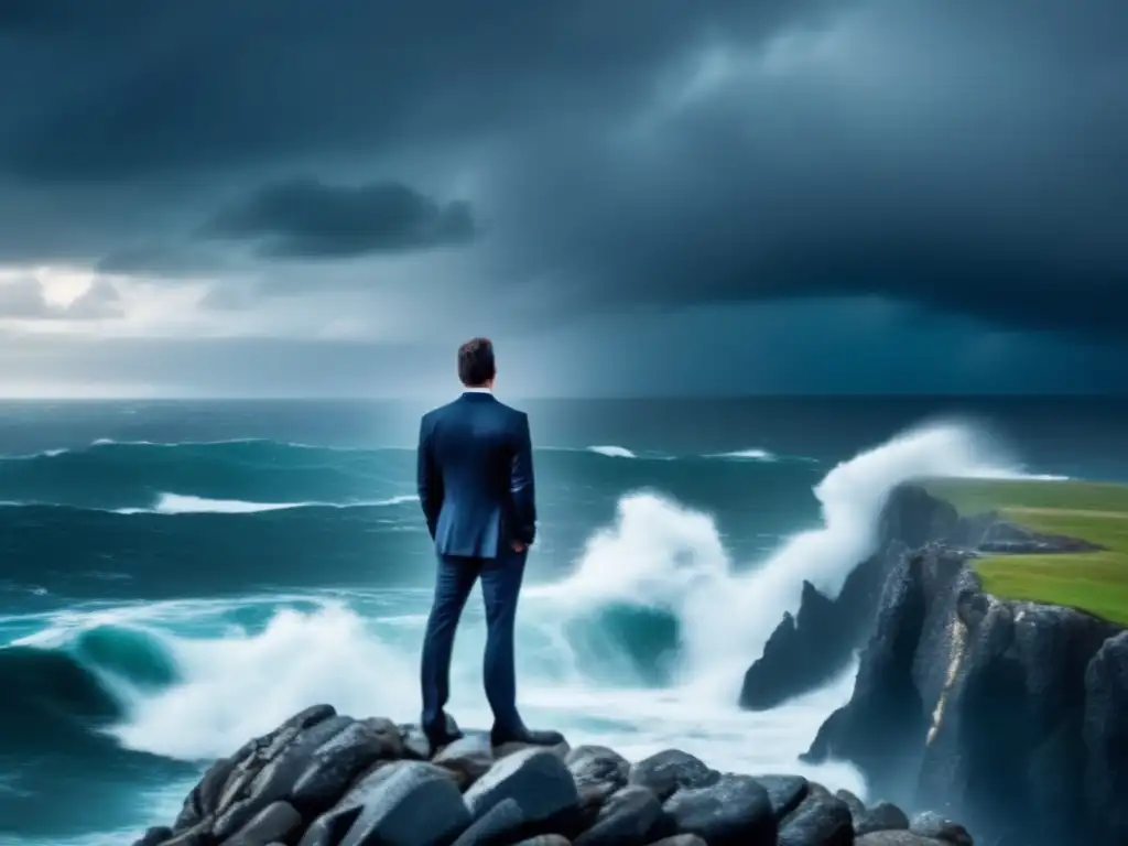 Inversionista confiado en crisis Psicología inversión en crisis: persona de negocios en acantilado frente al mar tormentoso, con confianza y calma