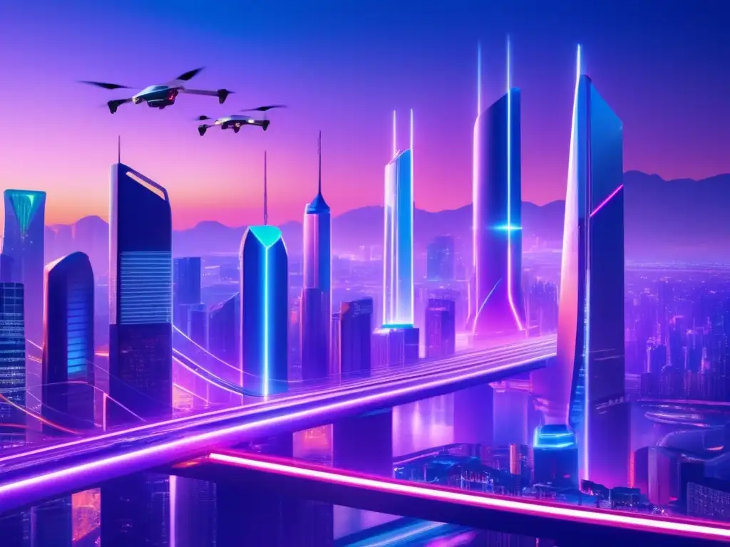 Ciudad futurista nocturna con edificios iluminados y tecnología avanzada Transformación IA en crowdfunding y financiación colectiva - Futurista ciudad nocturna con rascacielos iluminados, puentes y vehículos voladores