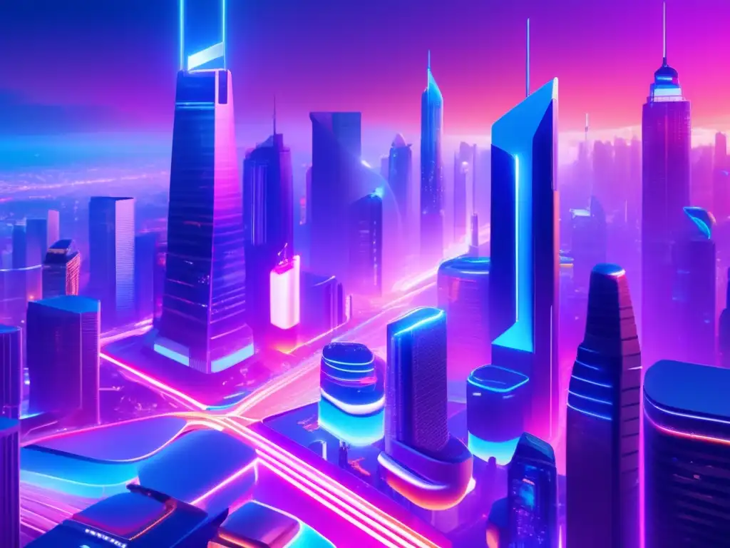 Futuroso paisaje urbano con IA Transformación IA en crowdfunding y financiación colectiva - Futurista ciudad con IA, crowdfunding y personas diversas discutiendo