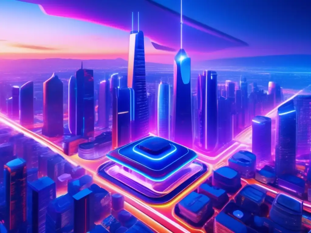 Futurista ciudad con rascacielos y luces neon Transformación IA en crowdfunding y financiación colectiva en una ciudad futurista