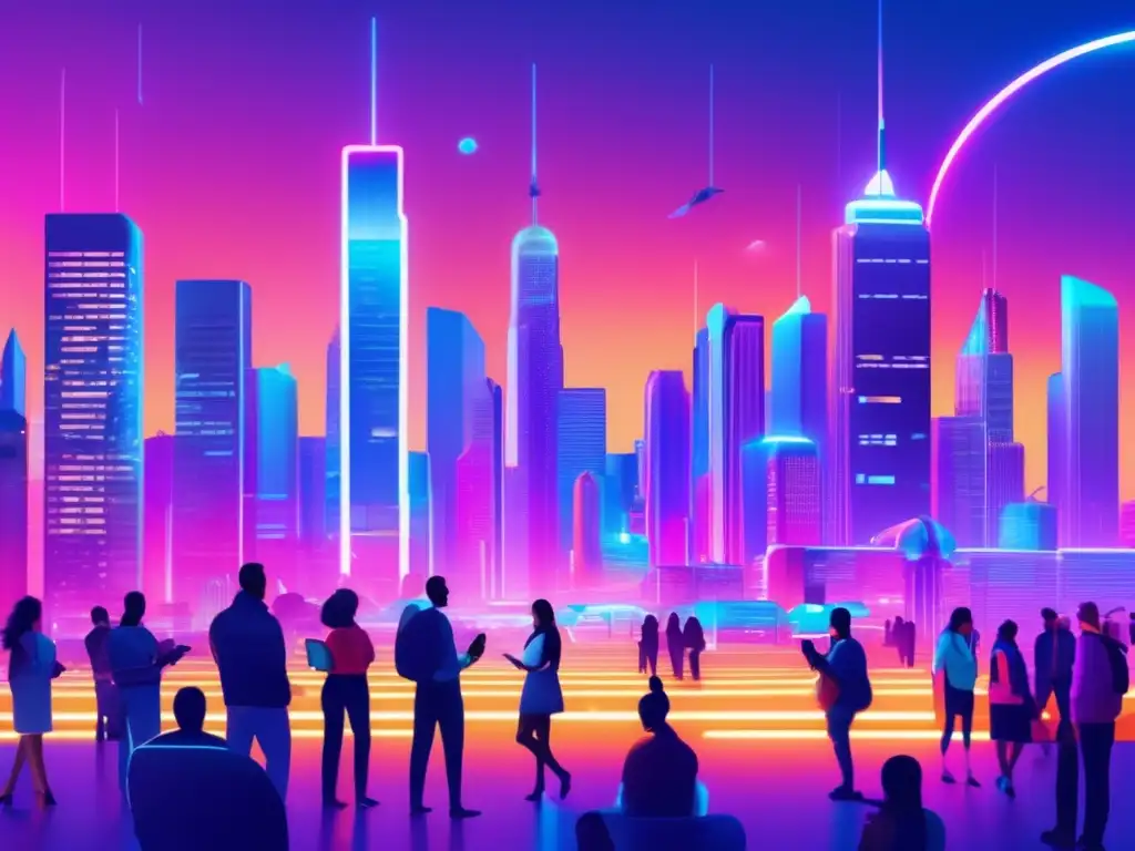 Futuro ciudad vibrante con IA Transformación IA en crowdfunding y financiación colectiva: ciudad futurista con multitud diversa, inteligencia artificial y tecnología avanzada