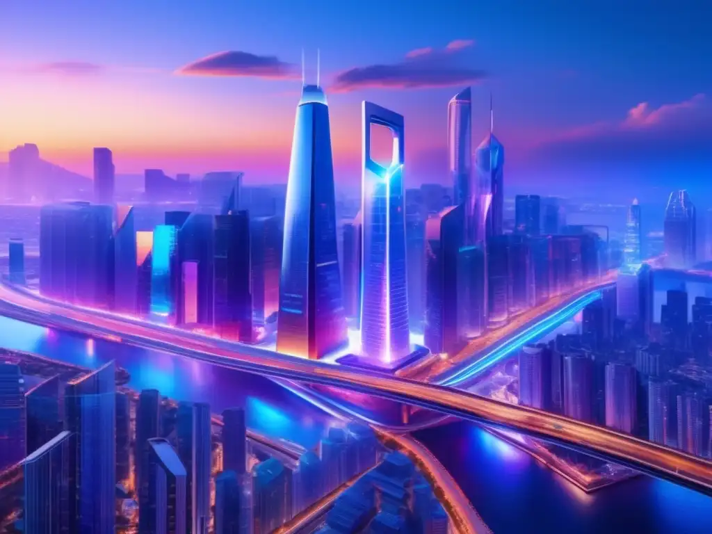 Futurista ciudad con IA y crowdfunding Transformación IA en crowdfunding y financiación colectiva: Ciudad futurista 8k con rascacielos, hologramas y eficiencia