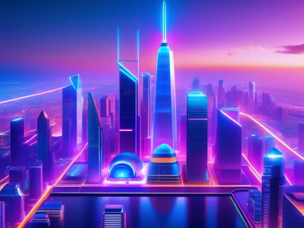 Ciudad futurista con IA y crowdfunding Transformación IA en crowdfunding y financiación colectiva: imagen 8k de una ciudad futurista con rascacielos, luces neón y tecnología avanzada
