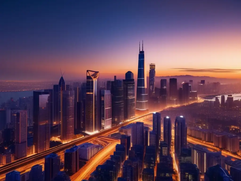 Ciudad moderna al atardecer Crowdfunding inmobiliario rentable: Ciudad moderna al atardecer, rascacielos iluminados, ambiente activo y futurista