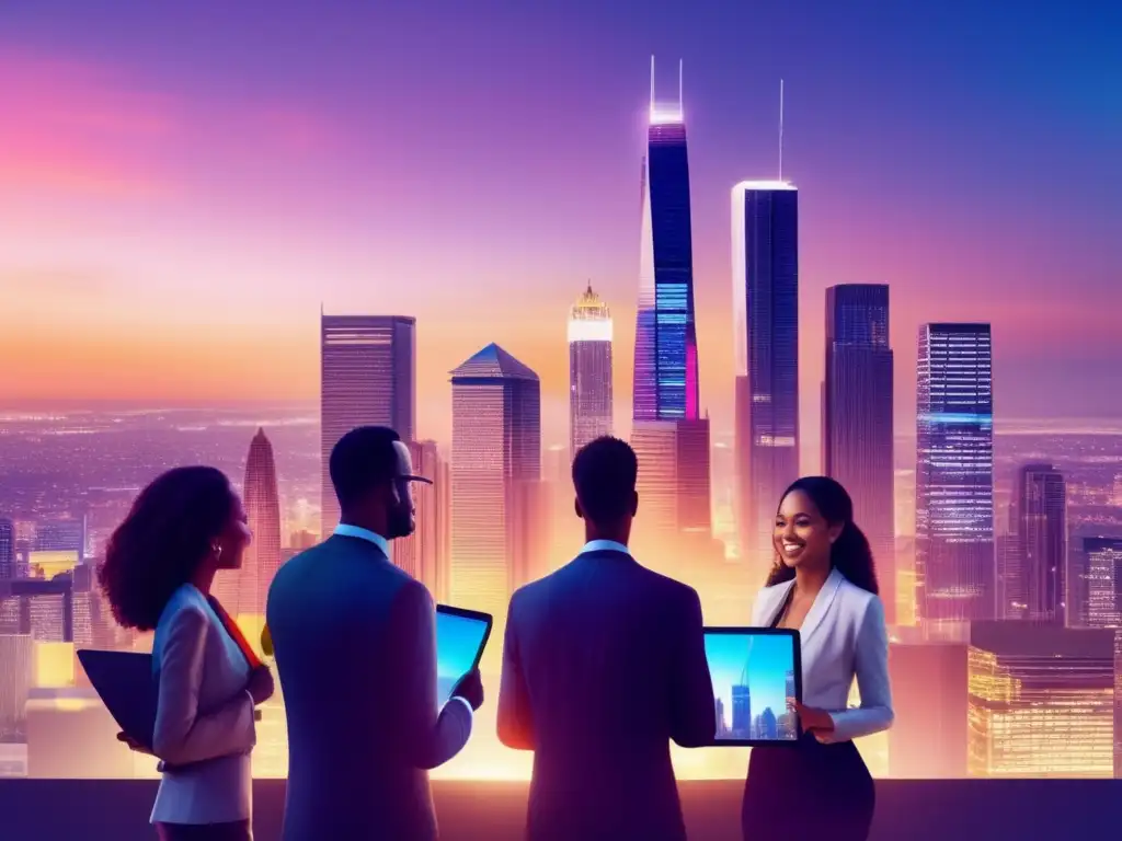 Oportunidad en inversión inmobiliaria Crowdfunding inmobiliario rentable: Ciudad moderna al atardecer, rascacielos iluminados, diversidad y colaboración en inversión inmobiliaria