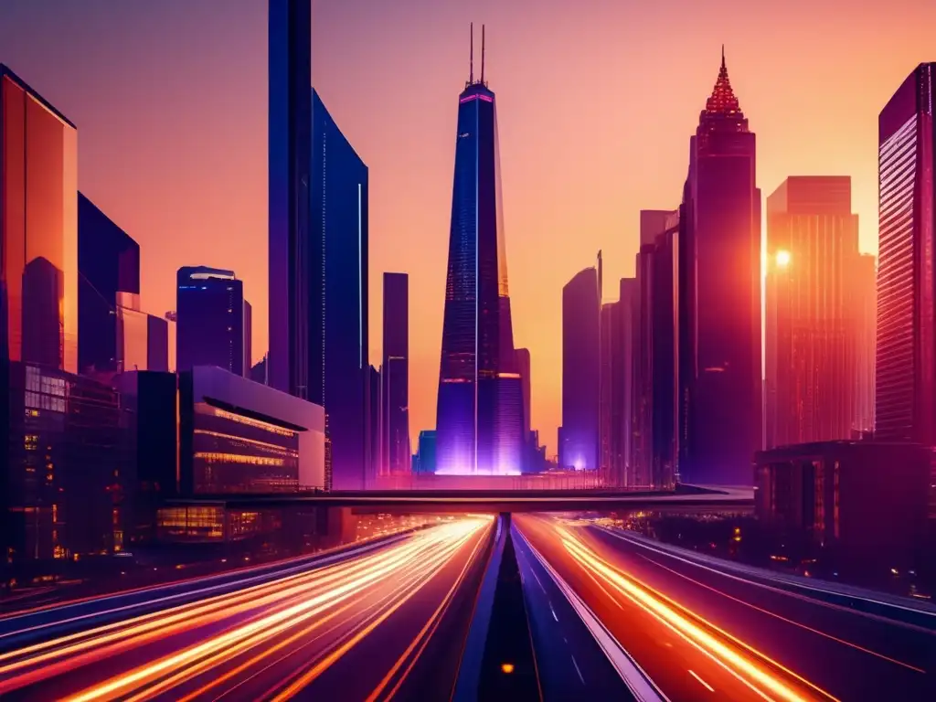 Ciudad moderna al atardecer: inversión inmobiliaria Crowdfunding inmobiliario rentable: Ciudad moderna al atardecer, rascacielos futuristas reflejan energía y oportunidad