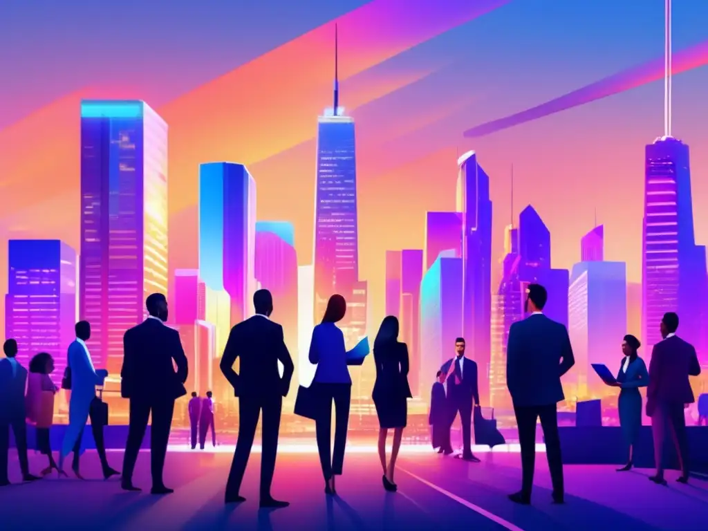 Ciudad moderna al atardecer: crowdfunding inmobiliario Crowdfunding inmobiliario rentable en ciudad con rascacielos modernos y gente activa