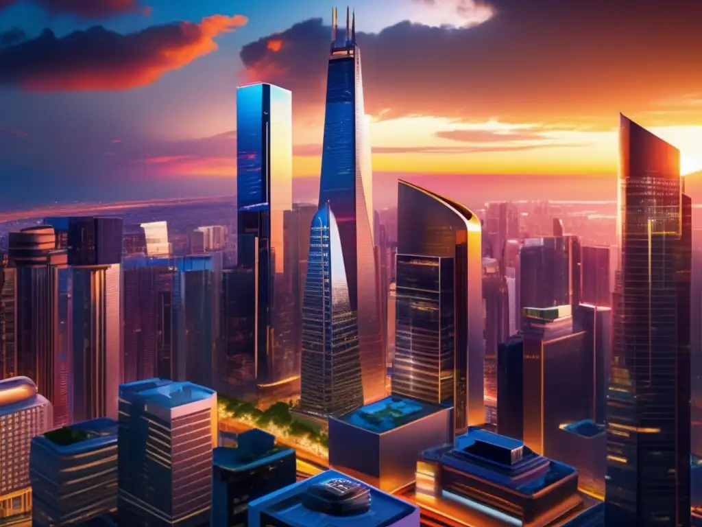 Ciudad moderna al atardecer Crowdfunding inmobiliario rentable en una ciudad vibrante con rascacielos modernos y atardecer colorido