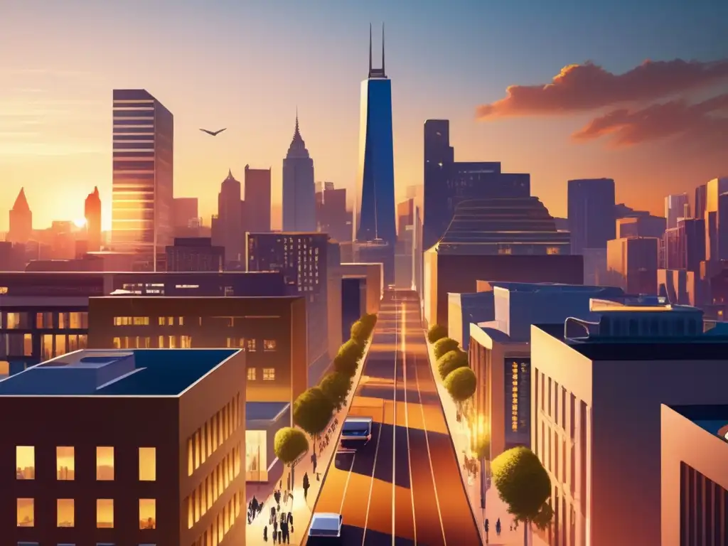 Ciudad moderna al atardecer Crowdfunding inmobiliario rentable en una vibrante ciudad con modernos rascacielos iluminados al atardecer