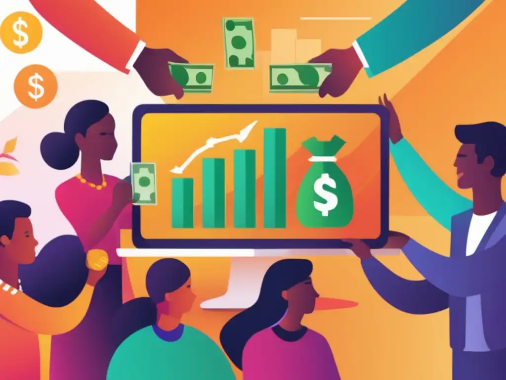 Diversidad y colaboración en crowdfunding Crowdfunding para inversiones financieras con diversidad y éxito, una ilustración vibrante de colaboración y oportunidades