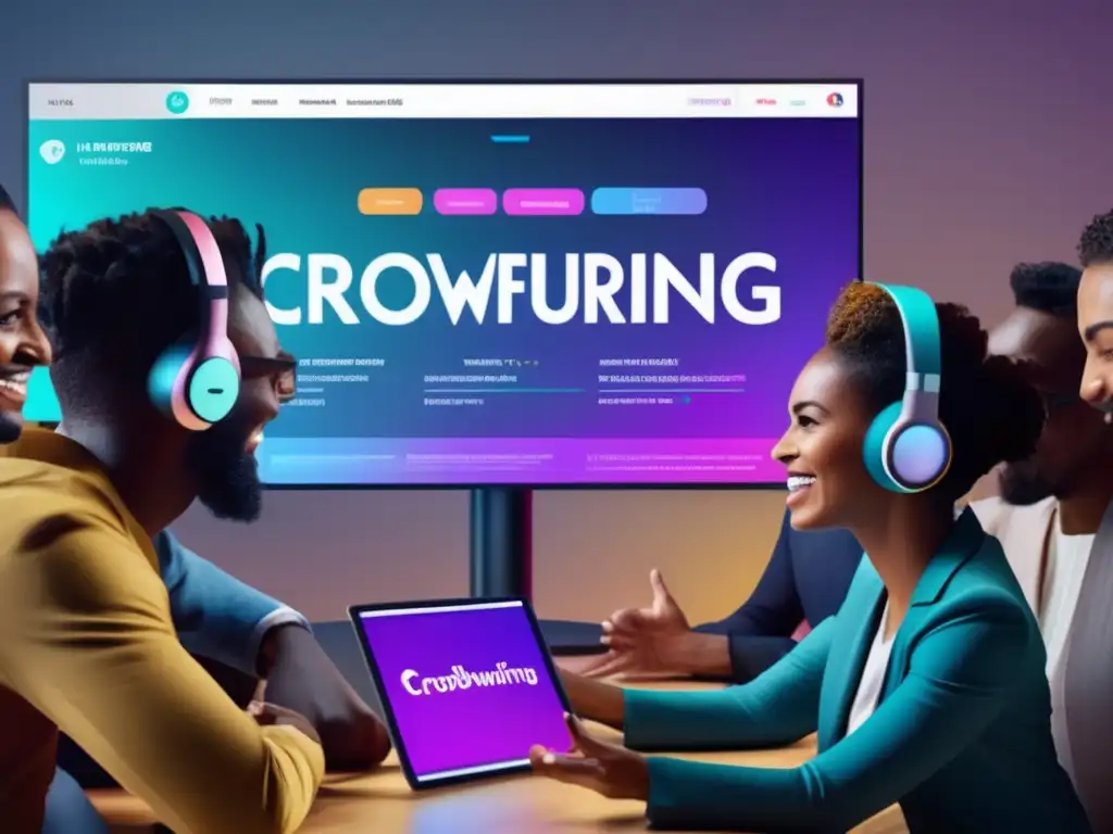 Grupo diverso discutiendo en plataforma de crowdfunding Crowdfunding rentable: grupo diverso colaborando en plataforma vibrante de proyectos y financiamiento, con tecnología futurista