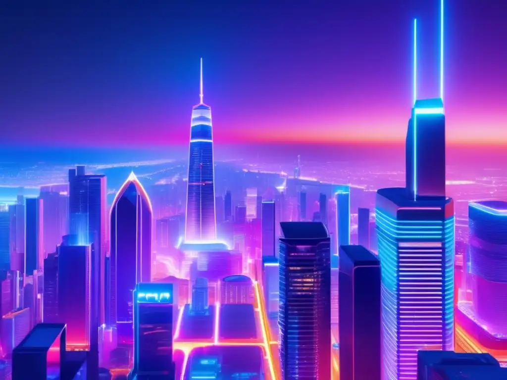 Futurista ciudad nocturna con rascacielos y tecnología avanzada Crowdlending en crisis: seguridad financiera, ciudad futurista con rascacielos y escudo radiante