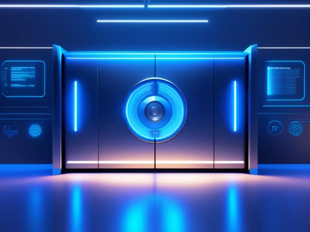 Futuro vault de alta tecnología con seguridad avanzada Cuentas de trading seguras en una bóveda futurista con alta tecnología y medidas de seguridad avanzadas