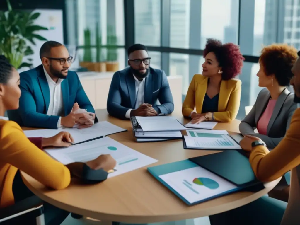 Reunión diversa en oficina: cultura y finanzas Cultura financiera y dinámicas de grupo en una mesa redonda con gente diversa en una oficina moderna