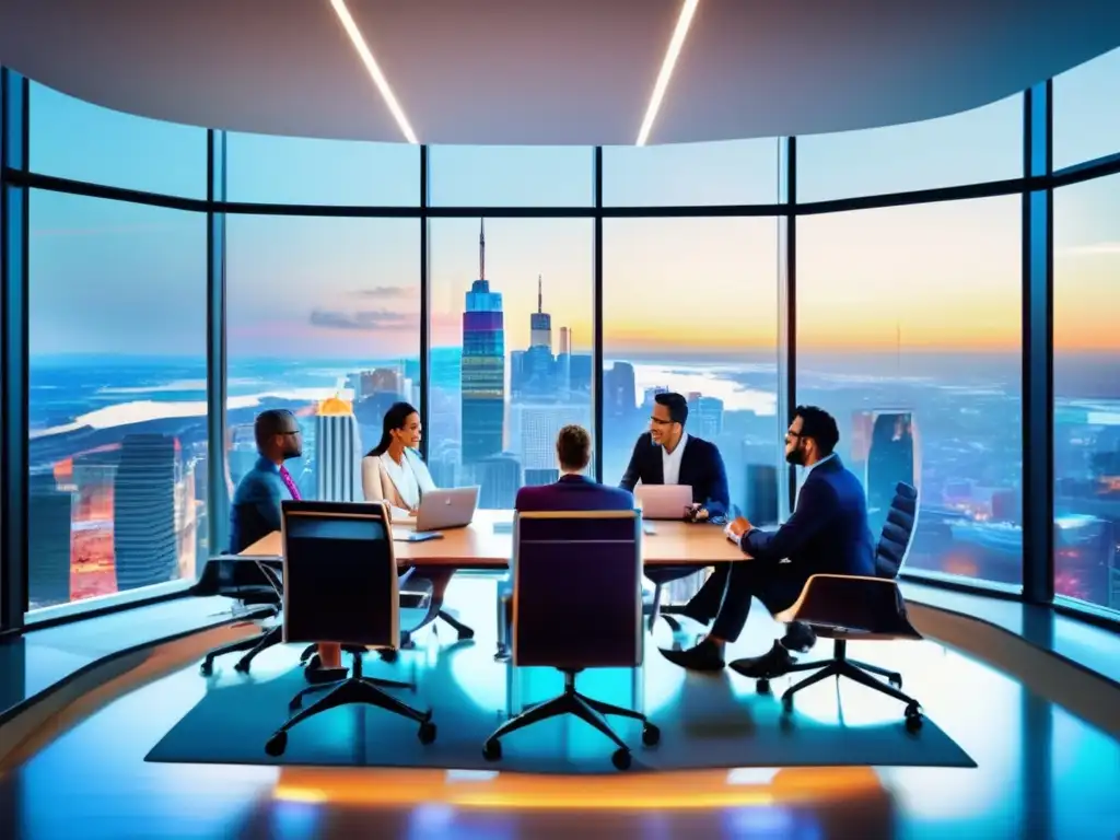 Oficina moderna con profesionales colaborando Cultura financiera y dinámicas de grupo en moderna oficina con vista urbana