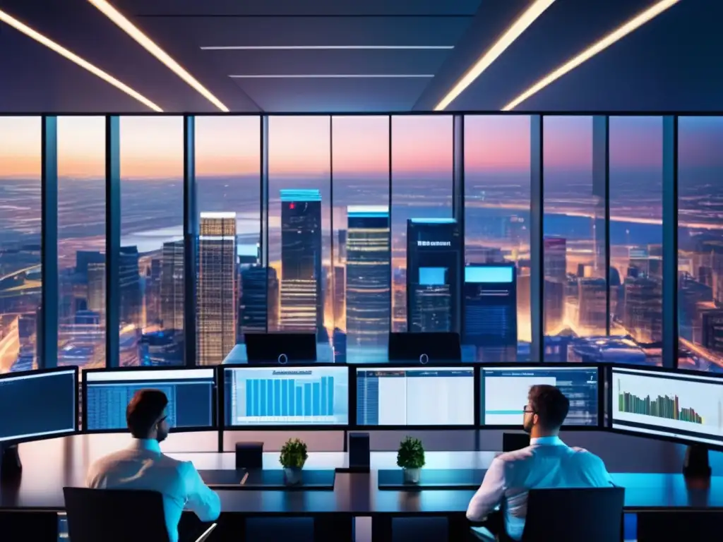 Piso de operaciones financiero moderno Curso análisis técnico bolsa: moderna sala de trading con tecnología avanzada, profesionales analizando datos y gráficos