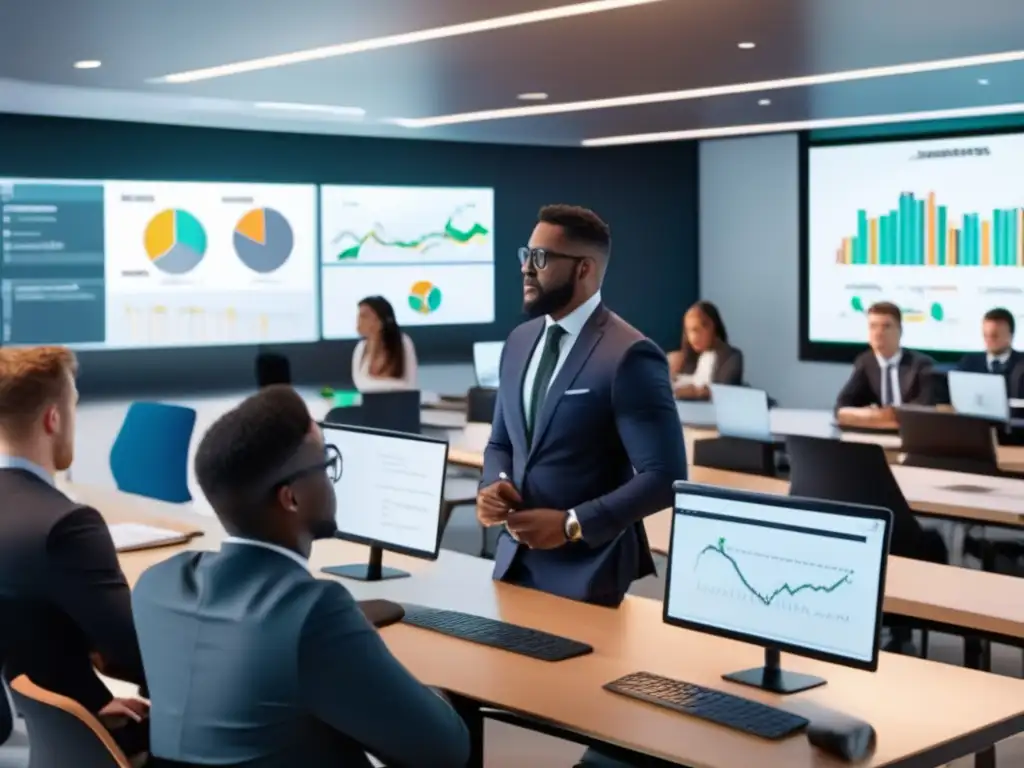 Aula moderna con estudiantes entusiastas y profesor experto Curso de inversión financiera en aula moderna y profesional con estudiantes entusiastas aprendiendo