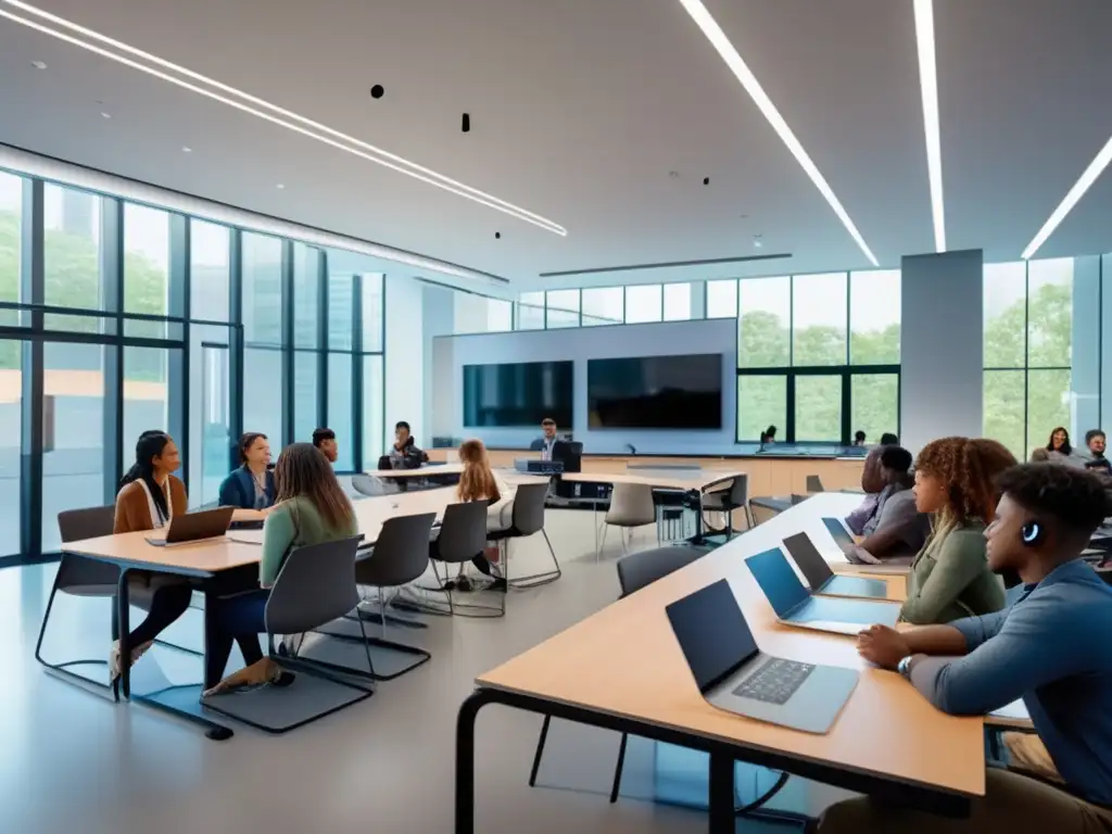 Aula moderna con estudiantes y tecnología Curso de tecnologías financieras emergentes en aula moderna con estudiantes colaborando y recursos educativos avanzados