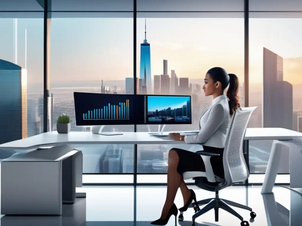Oficina moderna con vista panorámica de la ciudad Cursos análisis riesgos financieros en moderna oficina con vista panorámica, profesional presentando gráfica de análisis riesgo