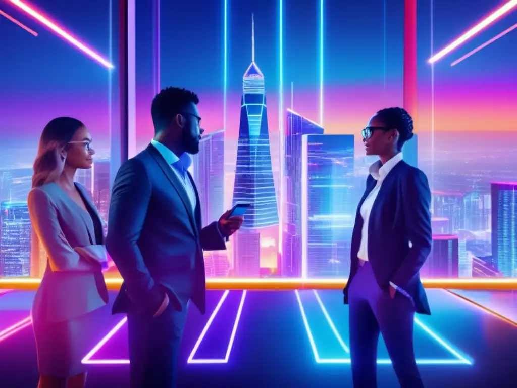 Futuro de las finanzas: Ciudad nocturna de alta tecnología Cursos fintech revolución financiera digital en ciudad futurista con profesionales dinámicos