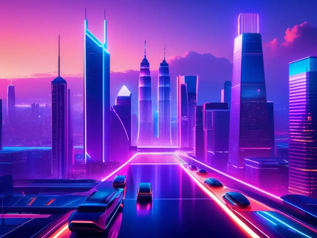 Futurista ciudad con rascacielos y profesionales colaborando Cursos fintech revolución financiera digital: Futurista ciudad en 8k, iluminada por luces de neón