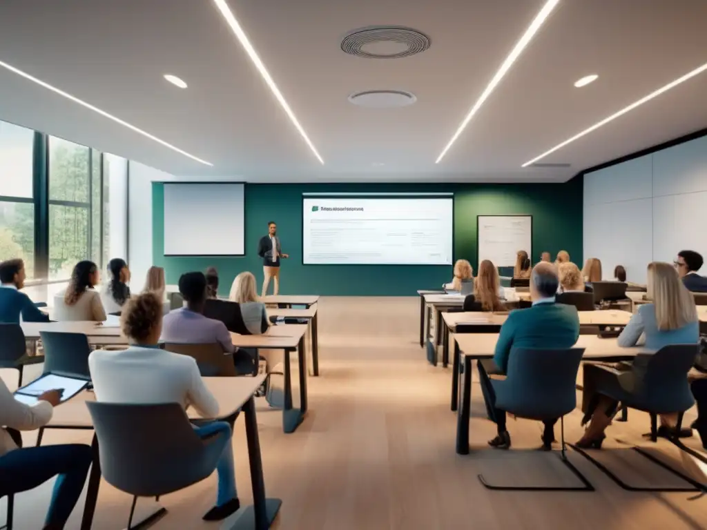 Aula moderna de finanzas con participantes entusiastas Cursos de finanzas para no financieros en aula moderna, innovadora y profesional