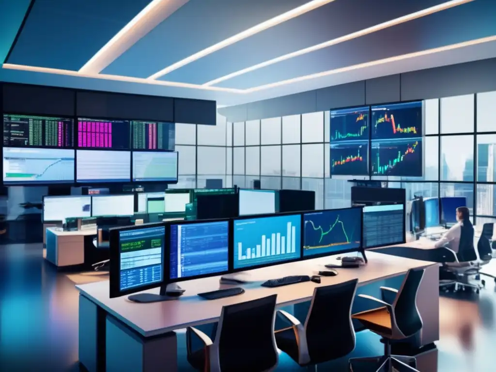 Trading floor moderno y sofisticado Cursos de inversión financiera en moderna sala de trading con tecnología avanzada, traders analizando tendencias y ambiente profesional y sofisticado
