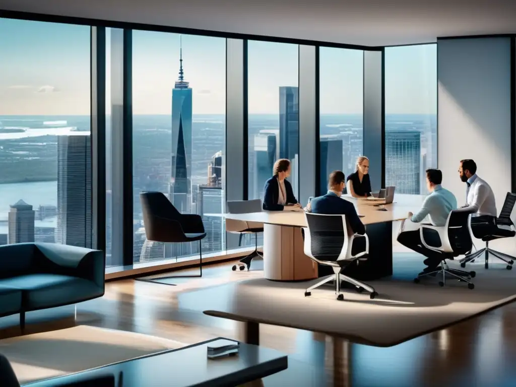 Oficina moderna con vista panorámica del distrito financiero Cursos riesgos financieros: oficina moderna con vista panorámica de distrito financiero, luz natural, muebles minimalistas y tecnología avanzada