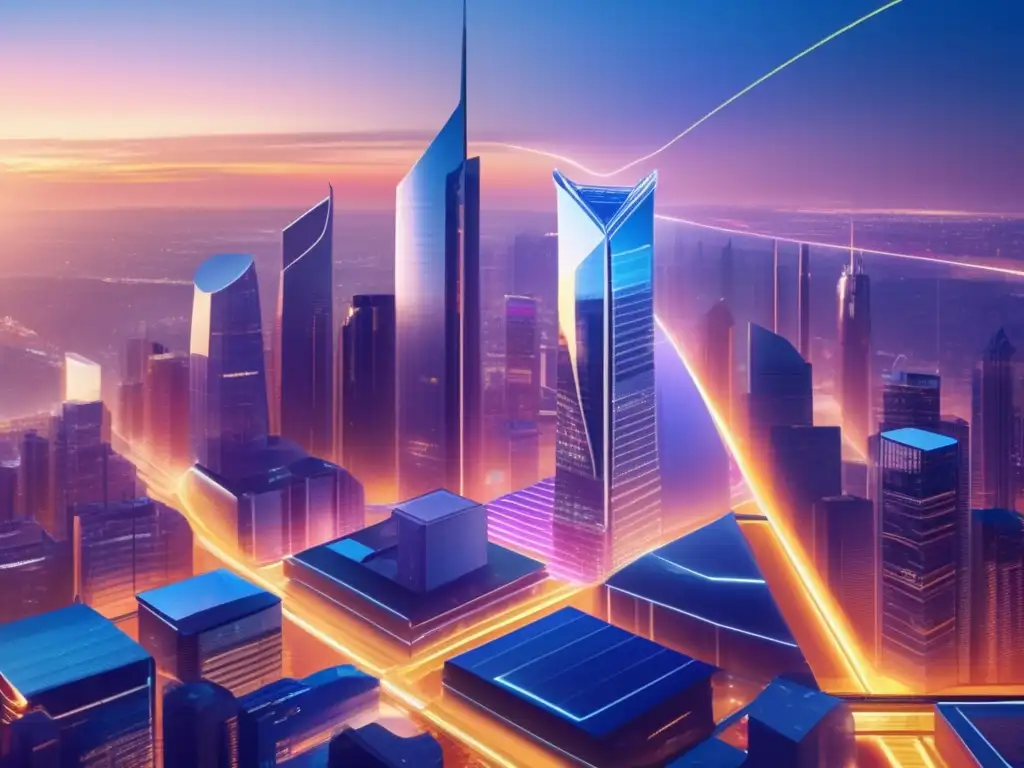 Futuro financiero: ciudad con rascacielos y tecnología Cursos tecnologías financieras emergentes: Ciudad futurista con rascacielos brillantes y profesionales animados