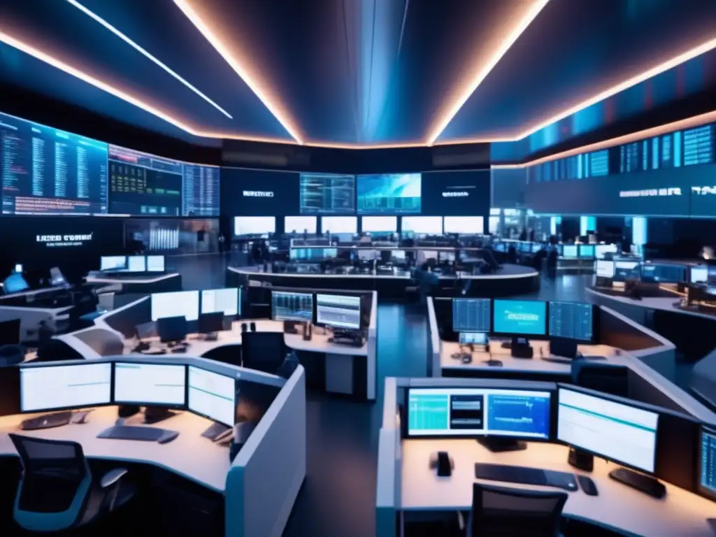 Trading moderno y sofisticado Cursos de trading imprescindibles: Sala de trading moderna con equipos de alta tecnología, iluminación futurista y traders profesionales
