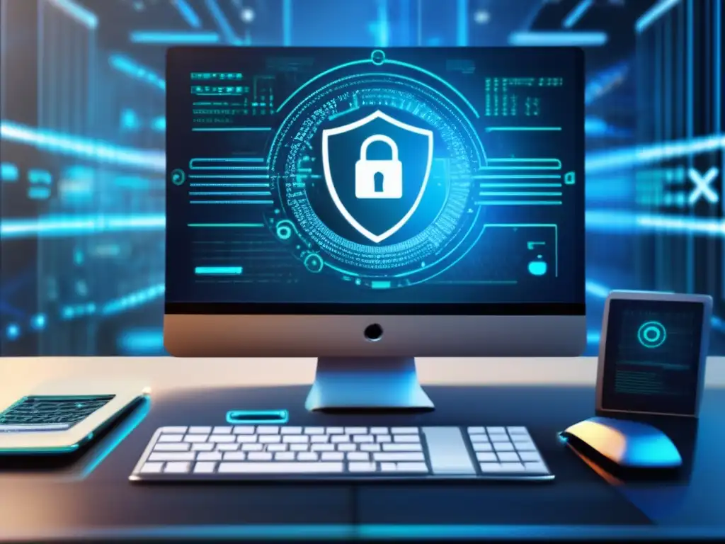 Oficina moderna con seguridad avanzada Protección datos financieros: Oficina futurista con seguridad avanzada y protección robusta