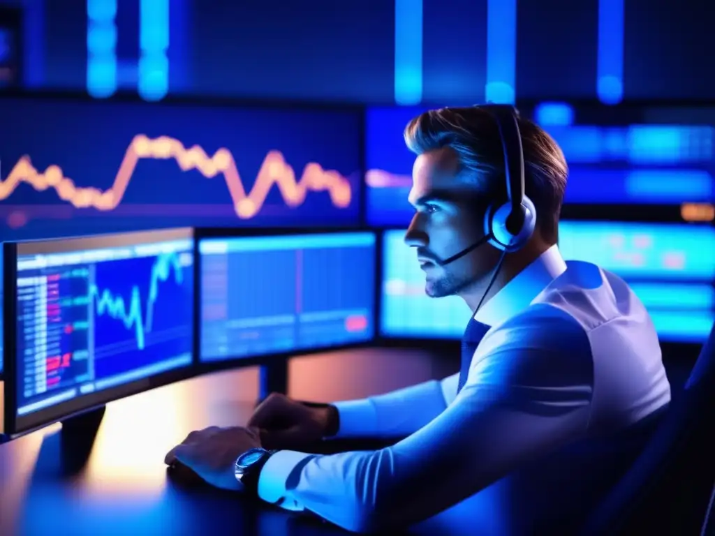Trader analizando datos y gráficos Trader analiza datos y gráficos en un moderno escritorio de trading, rodeado de indicadores financieros