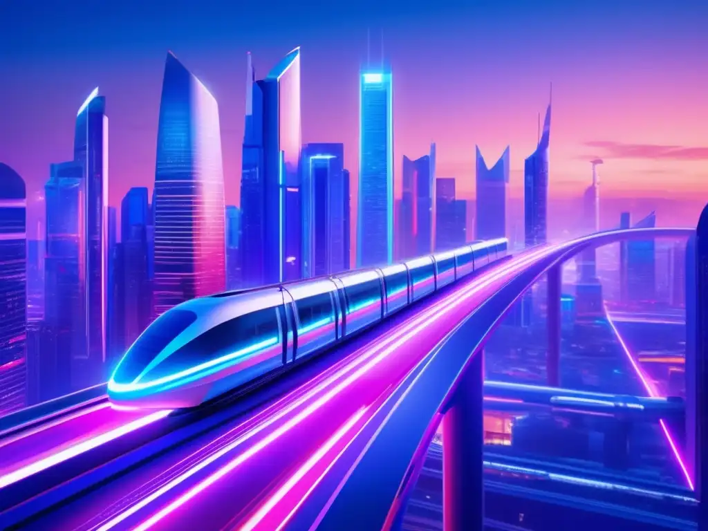 Futuro metropolitano con datos masivos Invertir en datos masivos: Guía de inversión en una ciudad futurista con rascacielos iluminados por luces de neón y monorraíles de alta velocidad