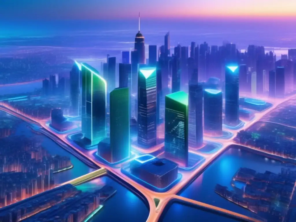 Futuro de inversiones en big data Invertir en datos masivos: Futurista ciudad al atardecer, con rascacielos transparentes, IA, y profesionales analizando información
