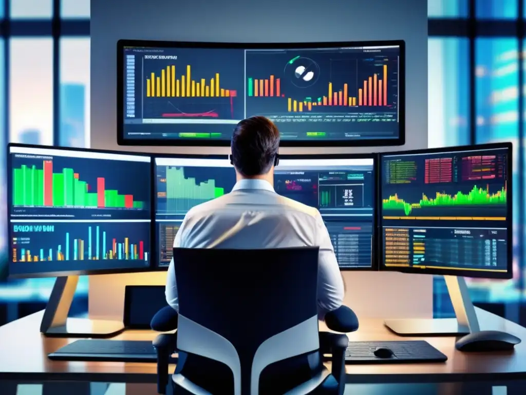 Trader analizando mercados en una moderna sala de trading Trader analizando datos de mercado en una moderna estación de trading