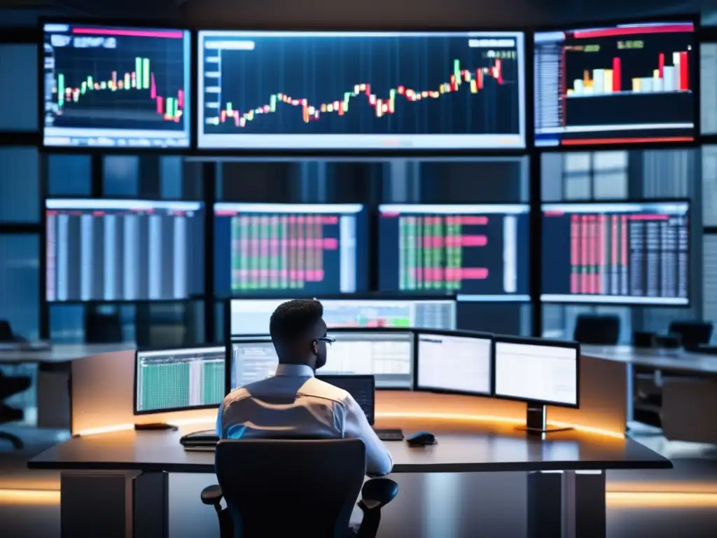Trading desk tecnológico en oficina moderna Trader analizando datos en moderno escritorio de trading
